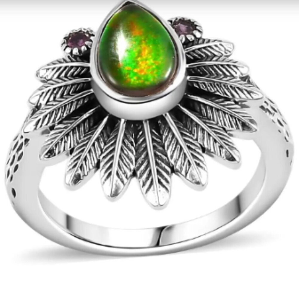 Artisan Crafted Canadian Ammolite and Orissa Rhodolite Garnet Ring
